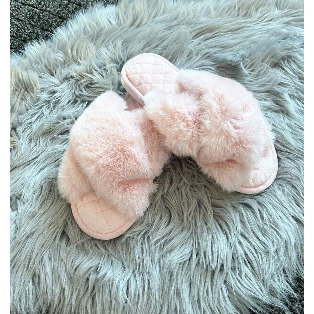 Fuzzy Cross‎ Band Fluffy Open Toe House Slippers Size 10-11.5